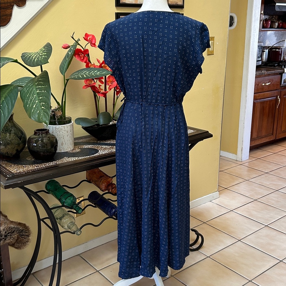 Gap Women’s Navy Blue Dot Print Short Sleeve Full Maxi Wrap Dress Tie Waist Med - Picture 10 of 16